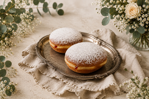 Freshly baked artisan Krapfen (German doughnuts) dusted with powdered sugar on a vintage silver platter by Schwadis Kitchen