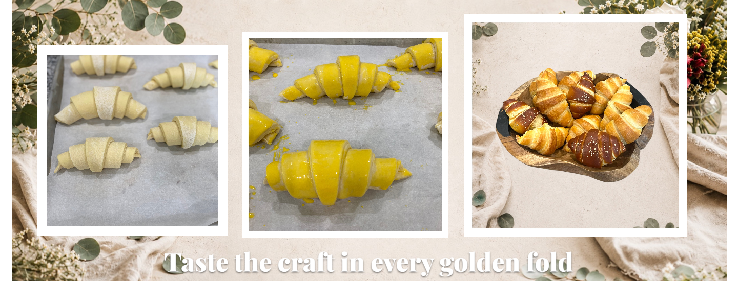 Hand-folded artisan croissants in various stages of baking from a licensed Texas home kitchen